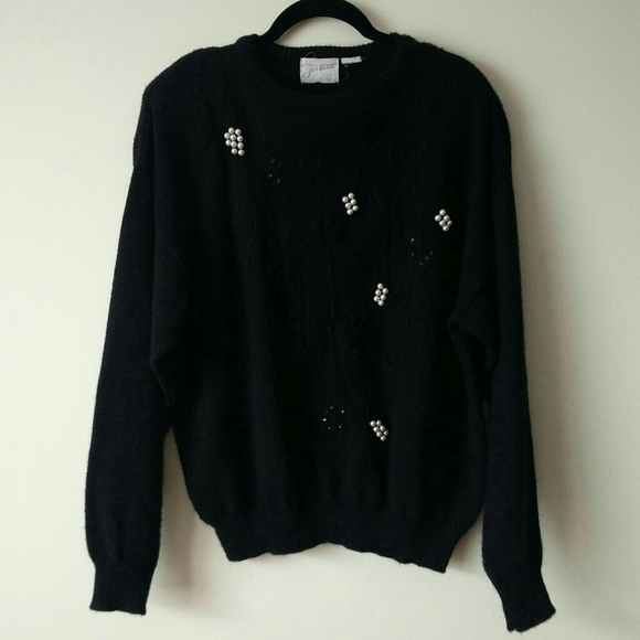 VINTAGE 1980's Jessica Black Textured Knit Faux Pearl Angora Blend Sweater - Picture 3 of 11